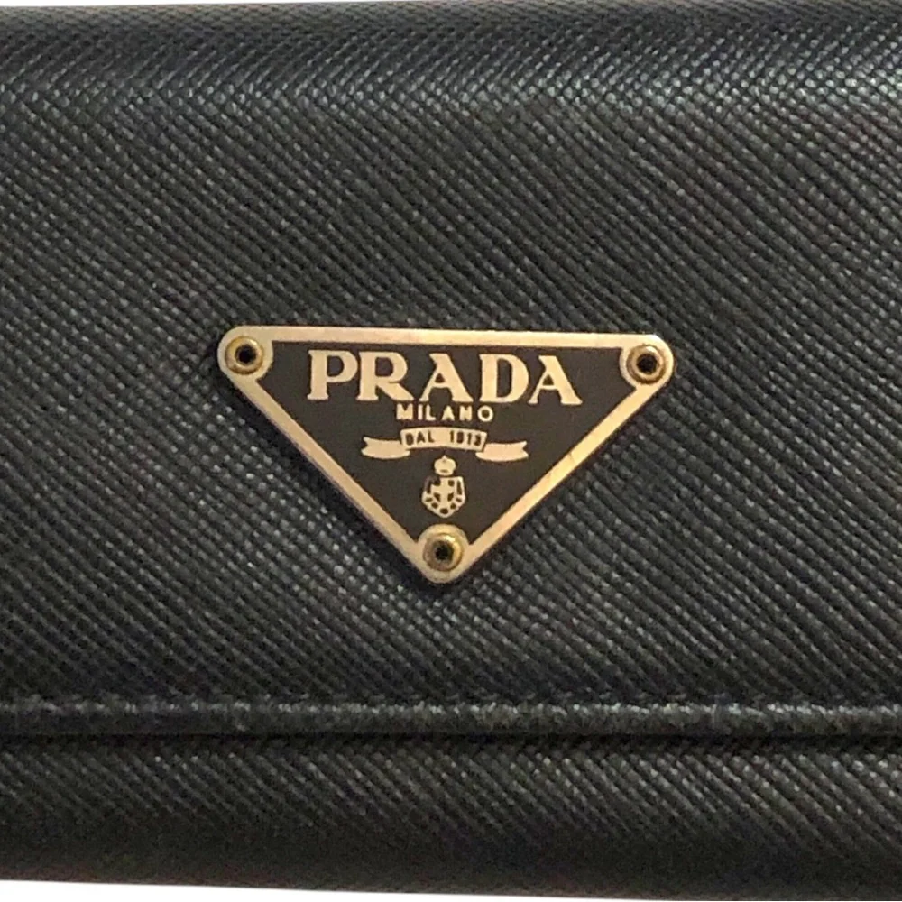 Prada Logo Black Silver Plaque Tri-Fold Key Case Key Unisex Logo Luxury